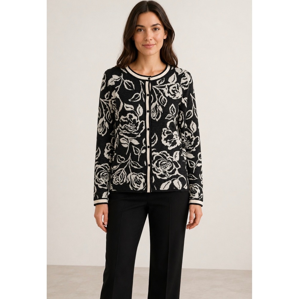 Krimson Klover Women's 100% Wool Floral button Cardigan Black Ivory Small preppy